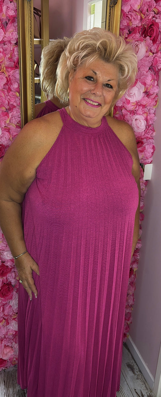 Lange Jurk Plisse Shine Fuchsia Plus Size 44 t/m 52-54