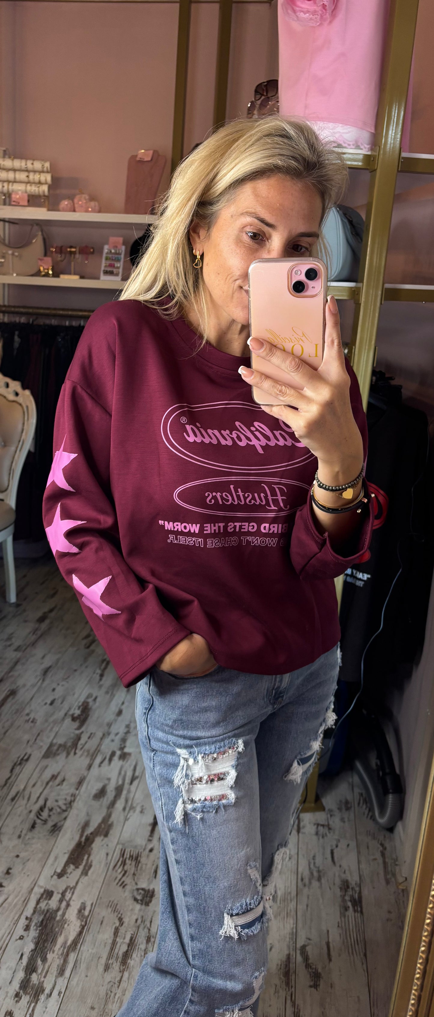 Long Sleeve Star Hustle Bordeaux tot Maat 42