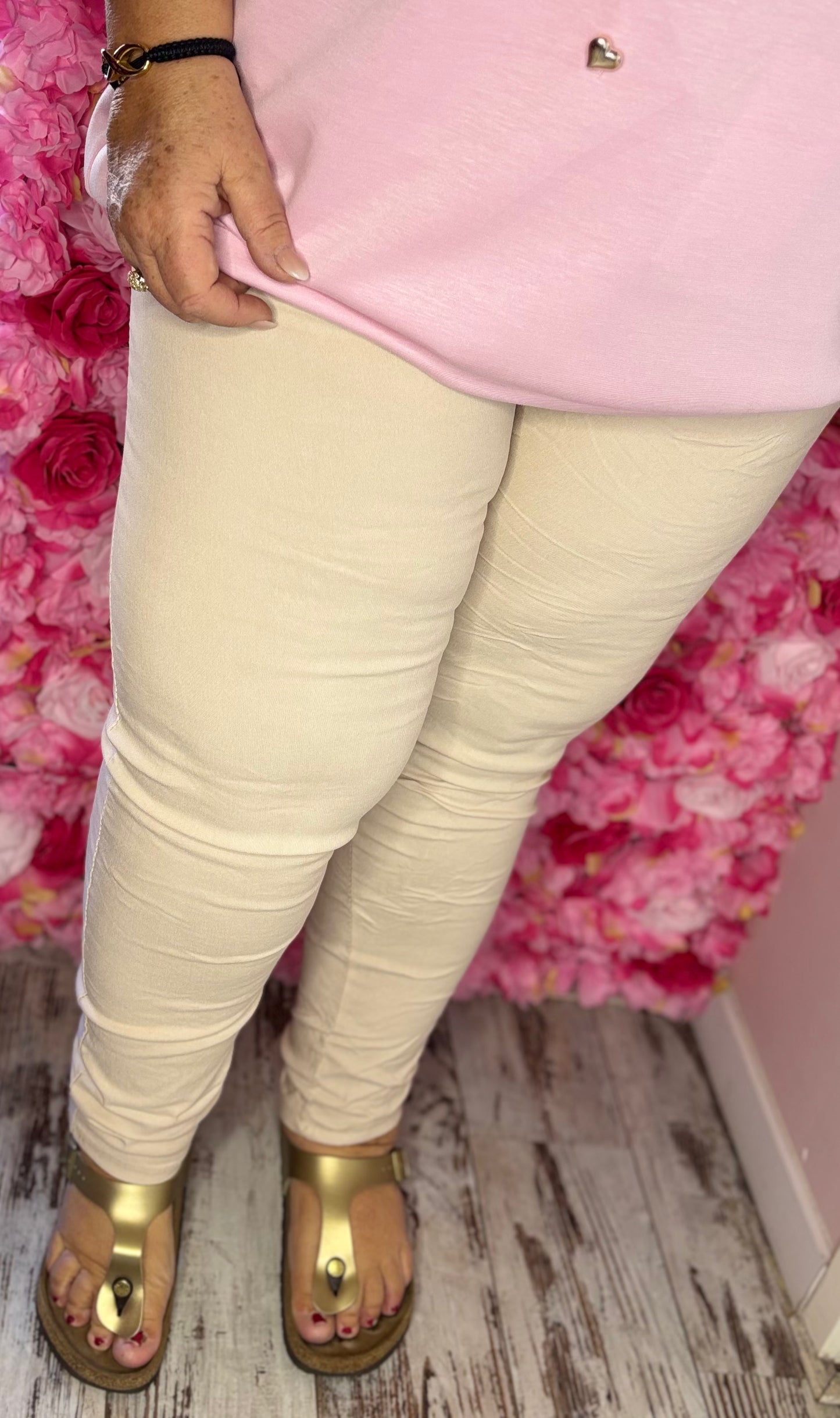 Broek Stretch Sparkle Beige Plus Size Maat 46 t/m 52