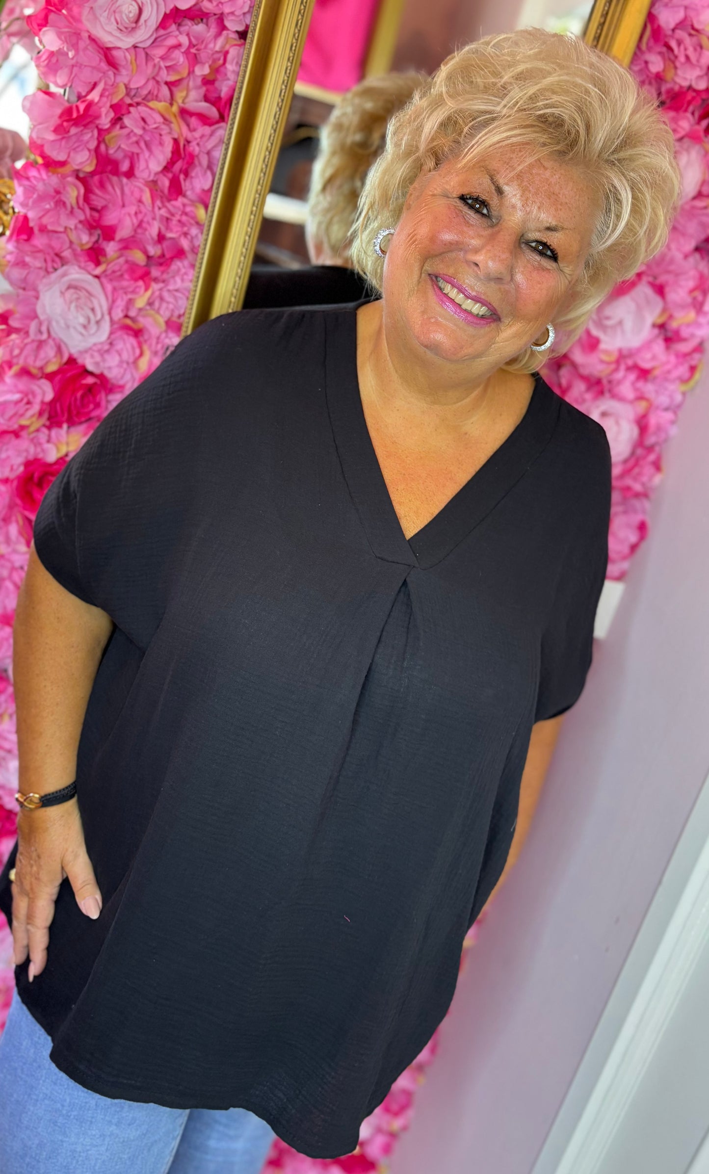 Blouse Wafel Katoen Zwart Plus Size maat 48 t/m 54
