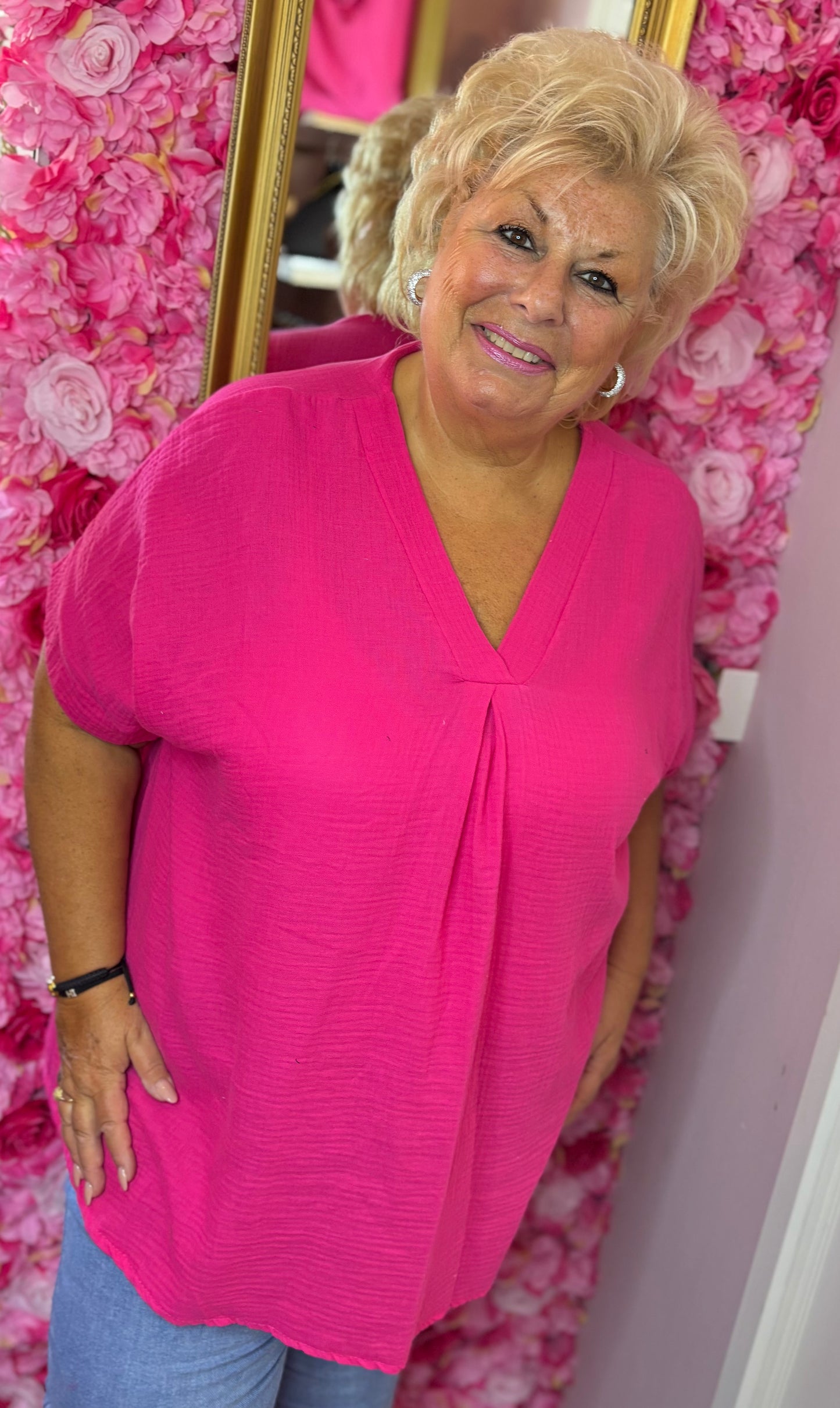 Blouse Wafel Katoen Fuchsia Plus Size maat 48 t/m 54