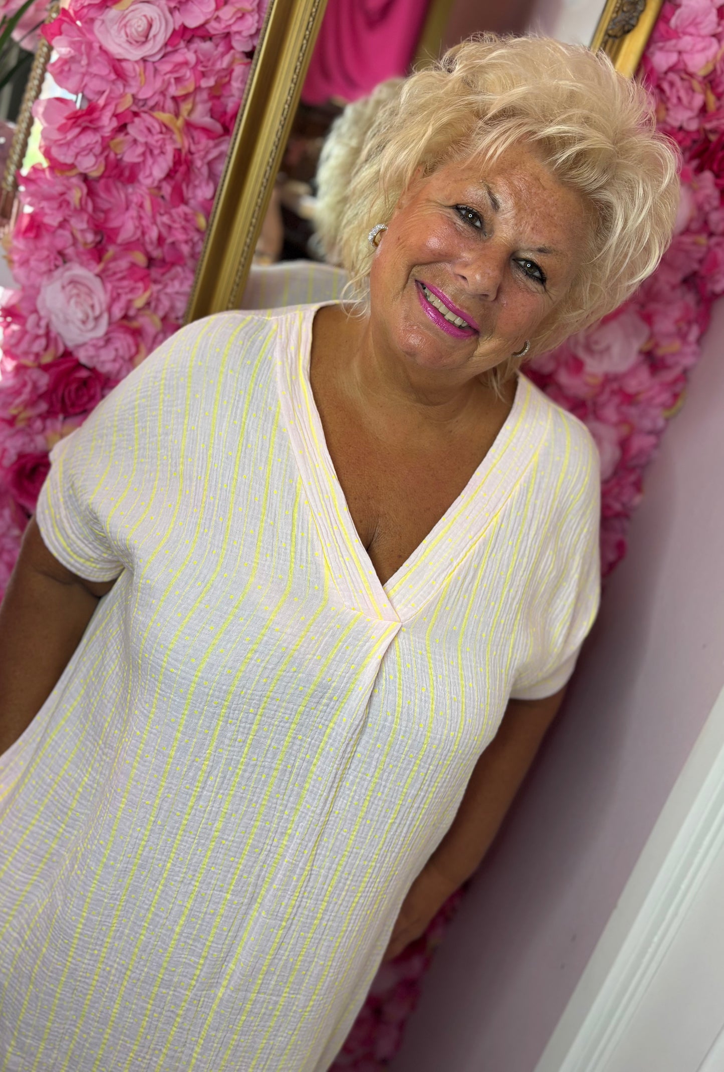 *LUCKY LOOK* Lange jurk Stip Katoen Geel Plus Size Maat 48 t/m 54