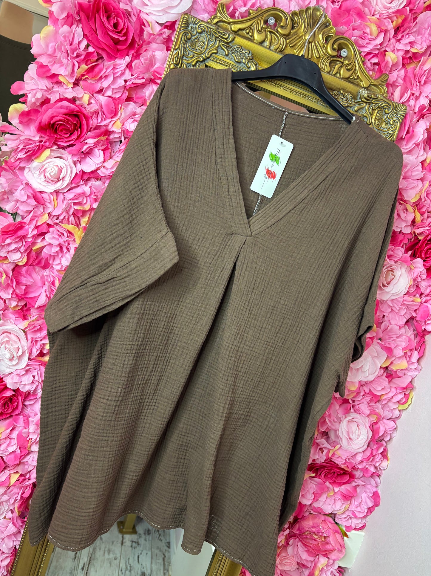 Blouse Wafel Katoen Bruin Plus Size maat 48 t/m 54