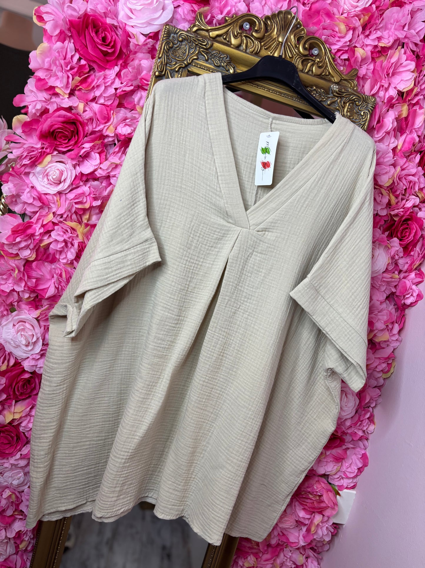 Blouse Wafel Katoen Beige Plus Size maat 48 t/m 54