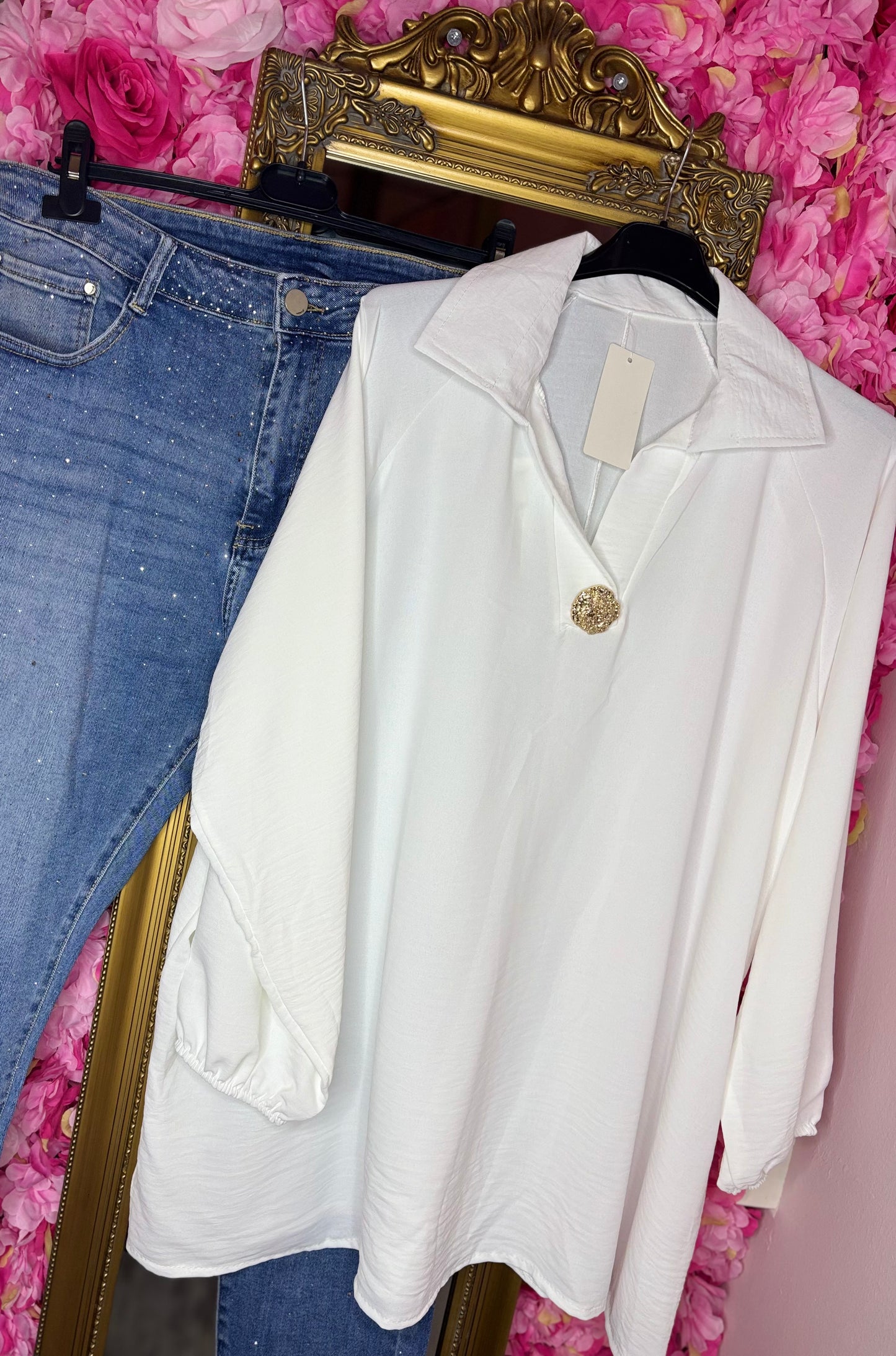 Blouse Golden Button Wit Plus Size maat 48 t/m 54-56