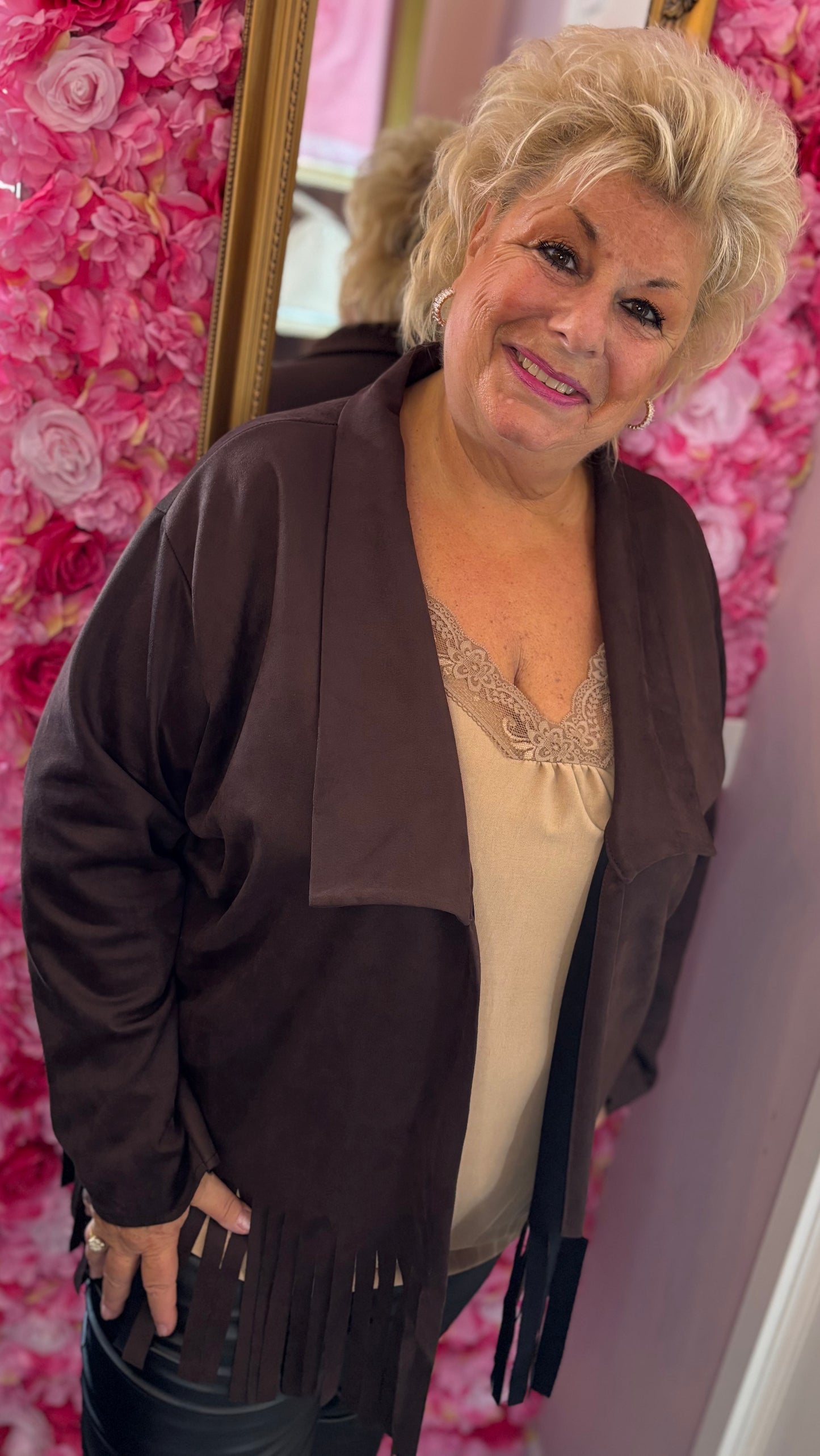 Jacket Suedine Fringe Bruin Plus Size maat 48 t/m 54-56
