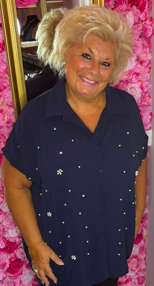Blouse Parel Donker Blauw Plus Size Maat 48 t/m 54