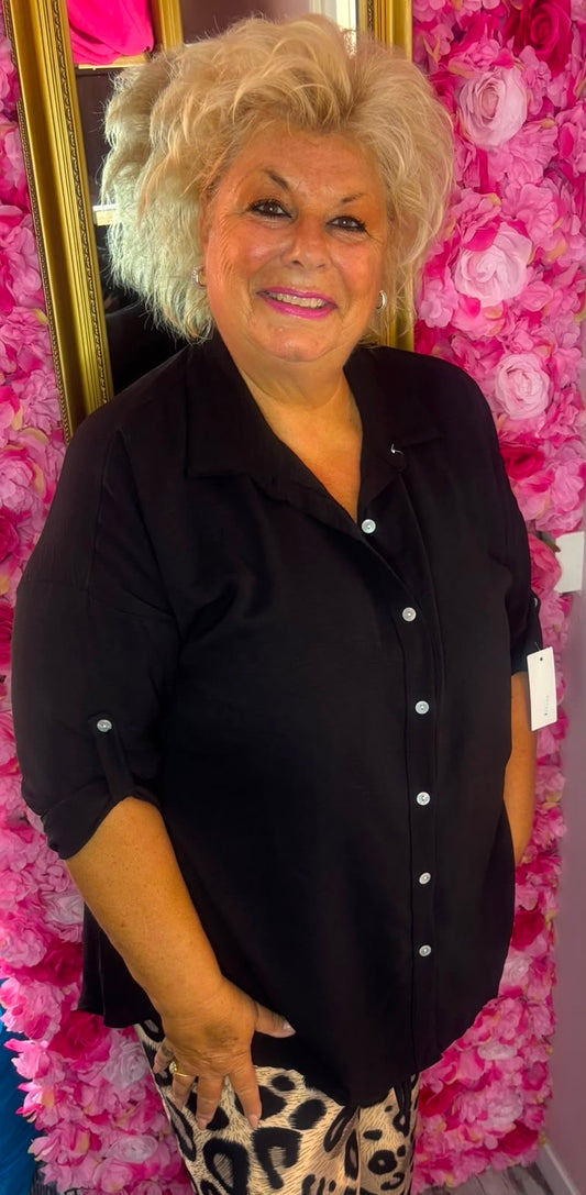 Blouse Doorknoop Zwart Plus Size Maat 44 t/m 50