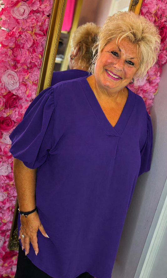 Blouse Pof Mouw Paars Plus Size maat 48 t/m 54