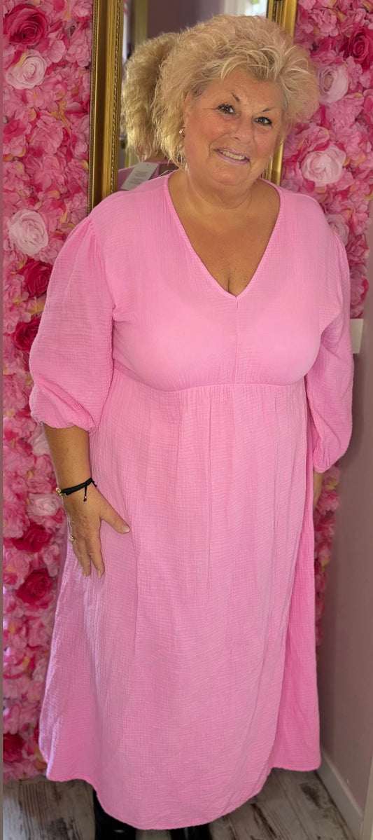 Lange Jurk Katoen Roze Maat 44 t/m 50-52