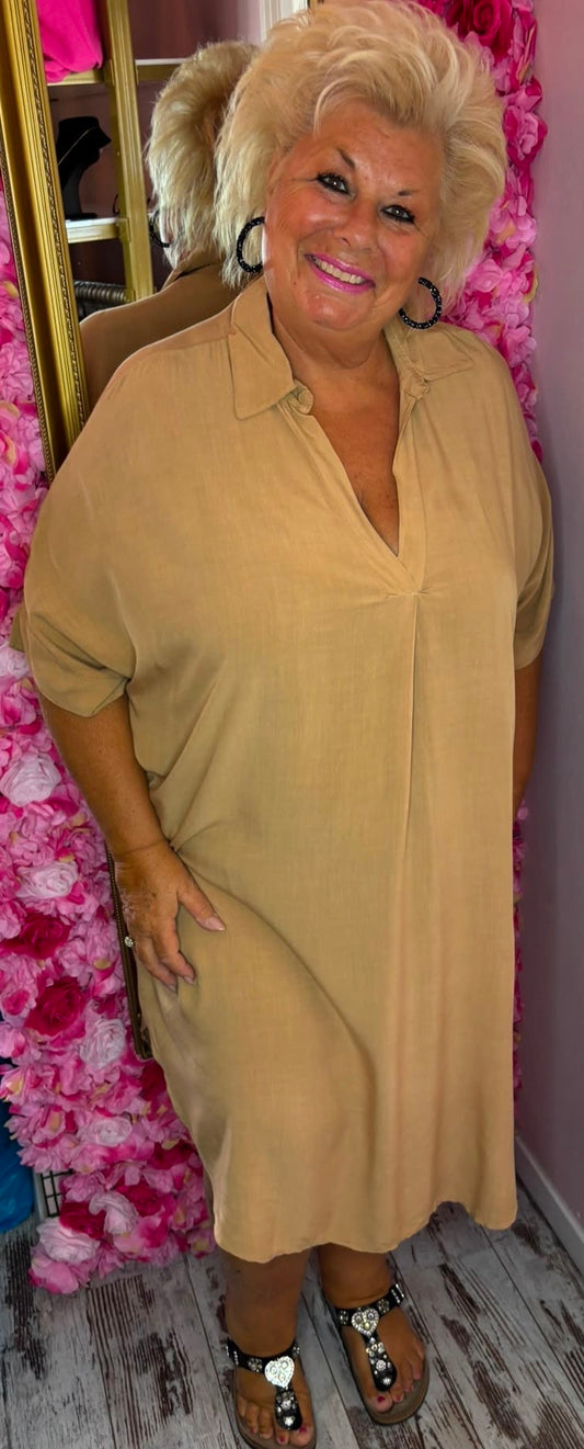 Jurk Fay Katoen Camel Plus Size Maat 50 t/m 58