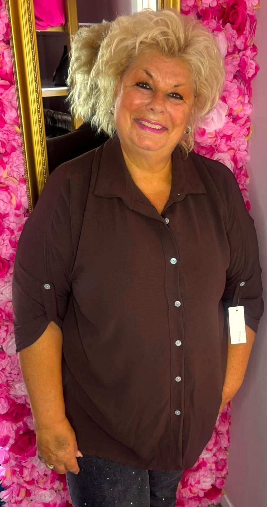 Blouse Doorknoop Bruin Plus Size Maat 44 t/m 50