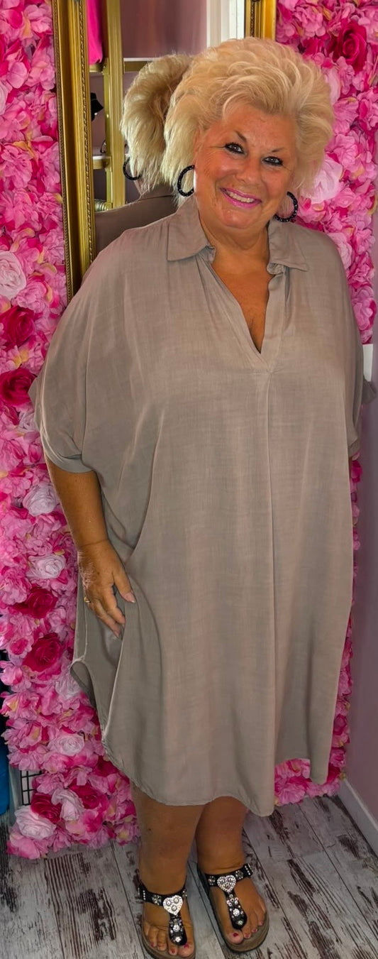 Jurk Fay Katoen Taupe Plus Size Maat 50 t/m 58