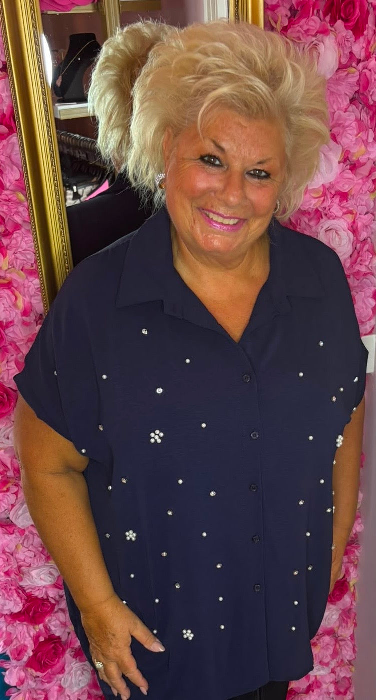 Blouse Parel Donker Blauw Plus Size Maat 48 t/m 54