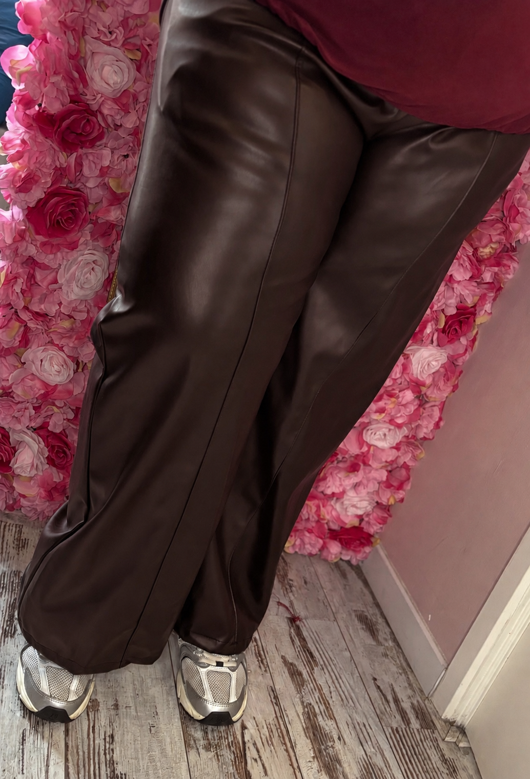 Broek Straight Leather Look Bruin Plus Size Maat 46 t/m 52