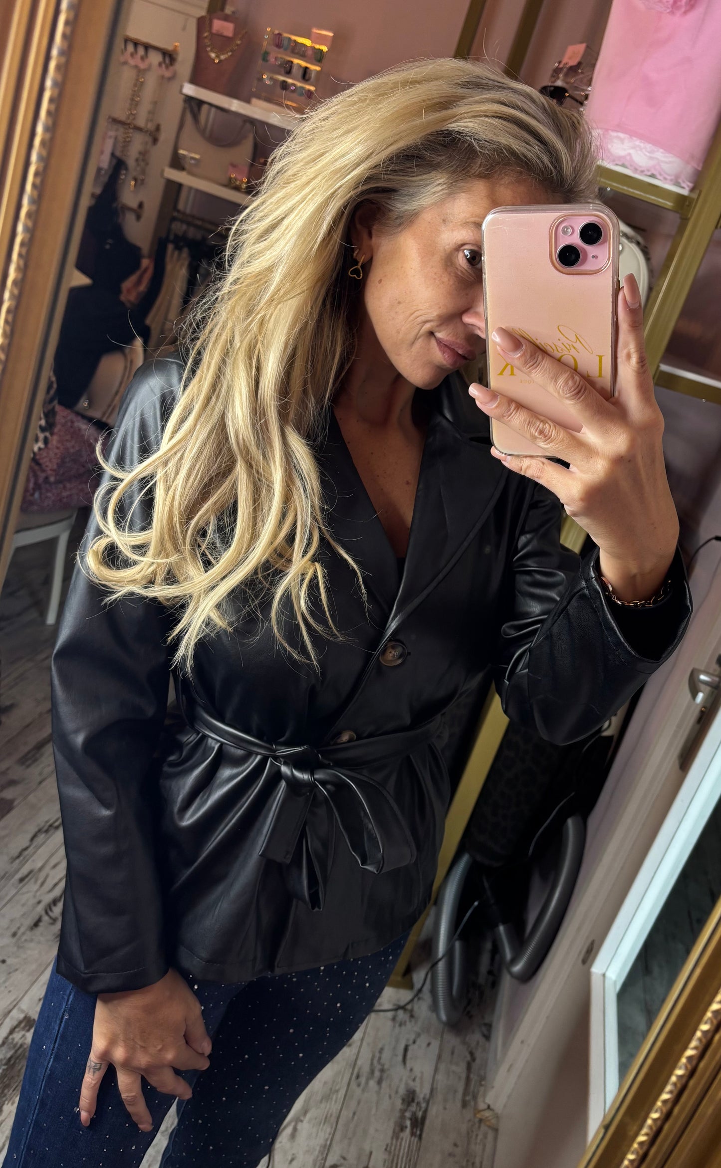 Short Trench Leather Look Zwart tot maat 42