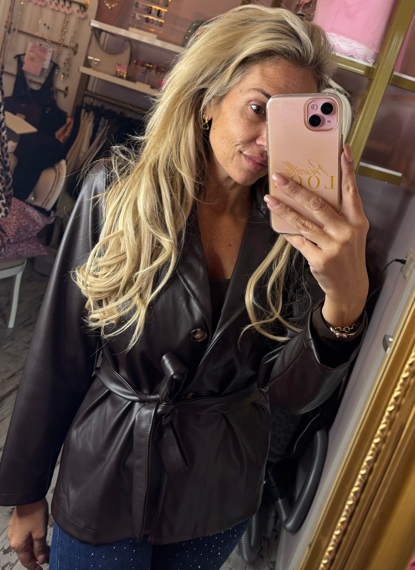 Short Trench Leather Look Bruin tot maat 42