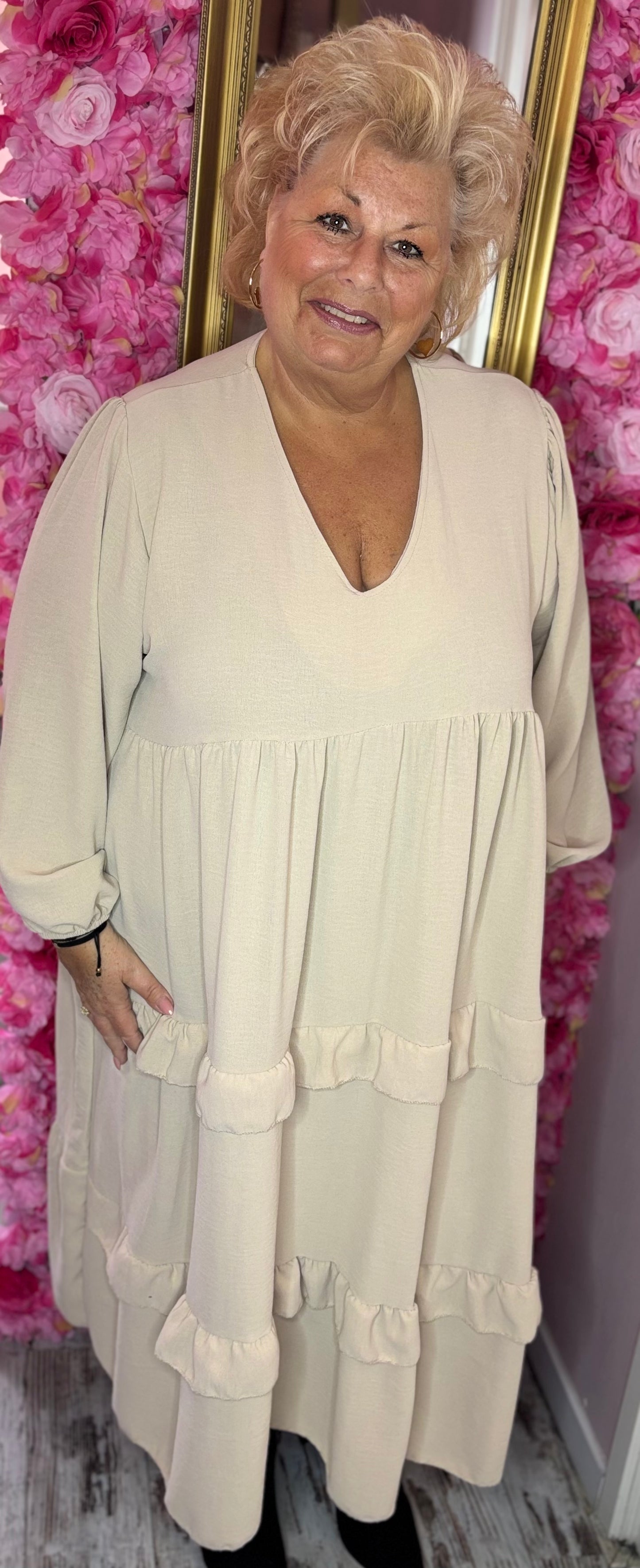 Lange Jurk Autum Beige Plus Size maat 50 t/m 56