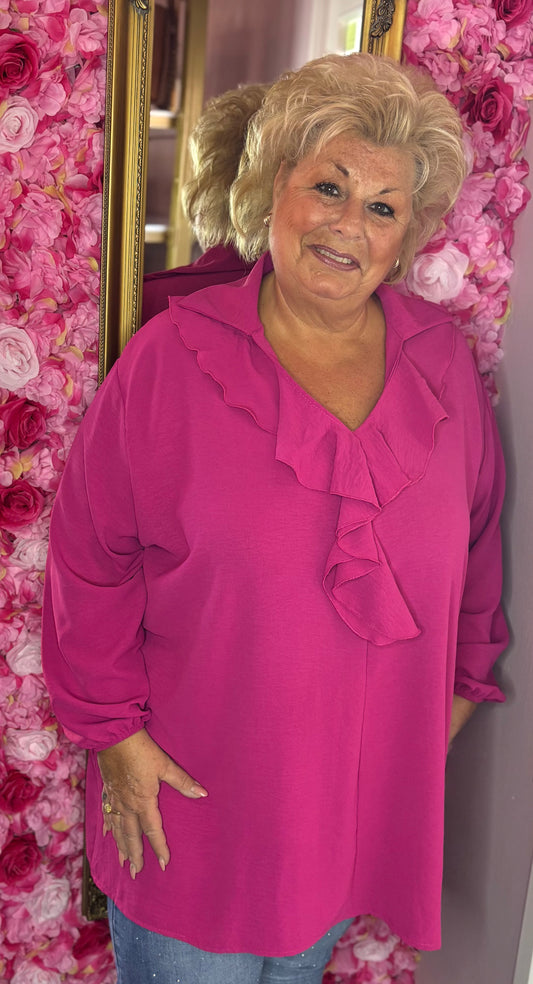*LUCKY LOOK* Blouse Ruff Fuchsia Plus Size maat 48 t/m 54