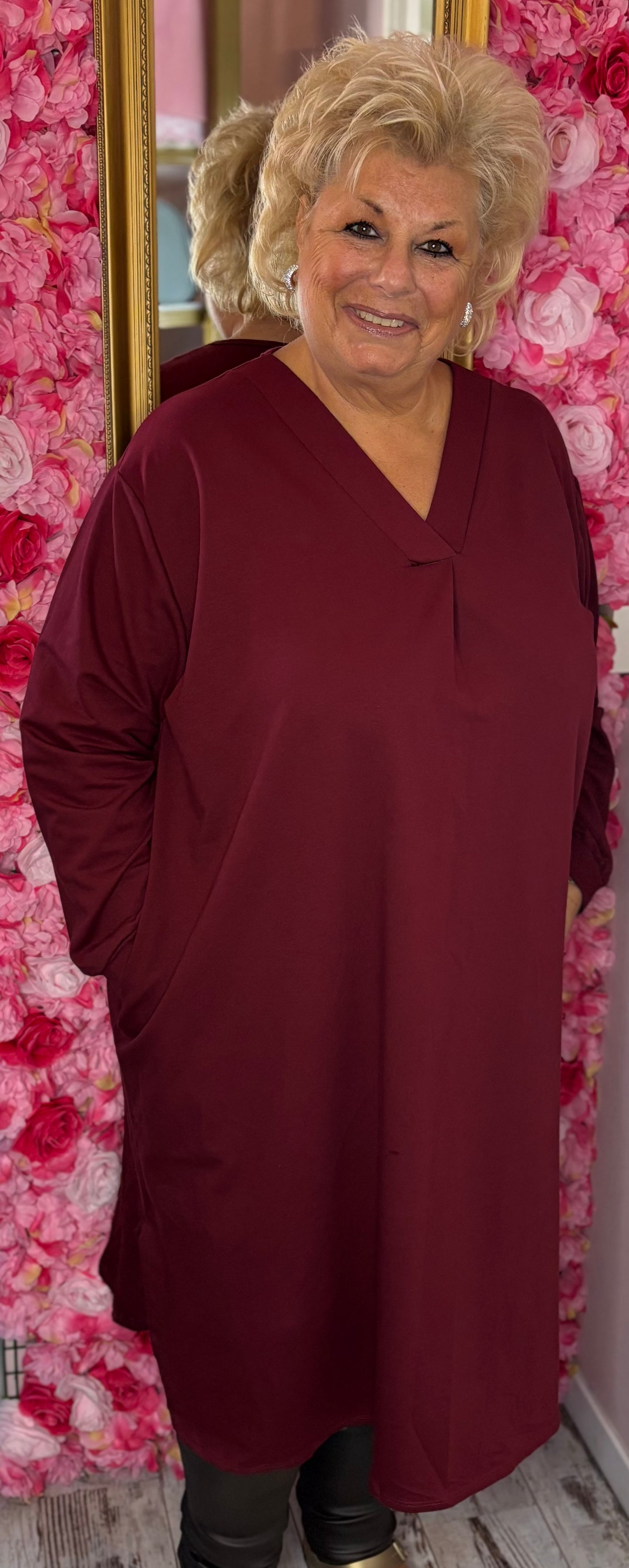 Jurk Basic Katoen Bordeaux Plus Size Maat 50 t/m 56