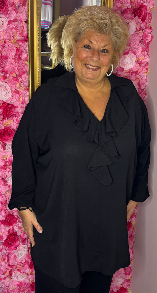 *LUCKY LOOK* Blouse Ruff Zwart Plus Size maat 48 t/m 54