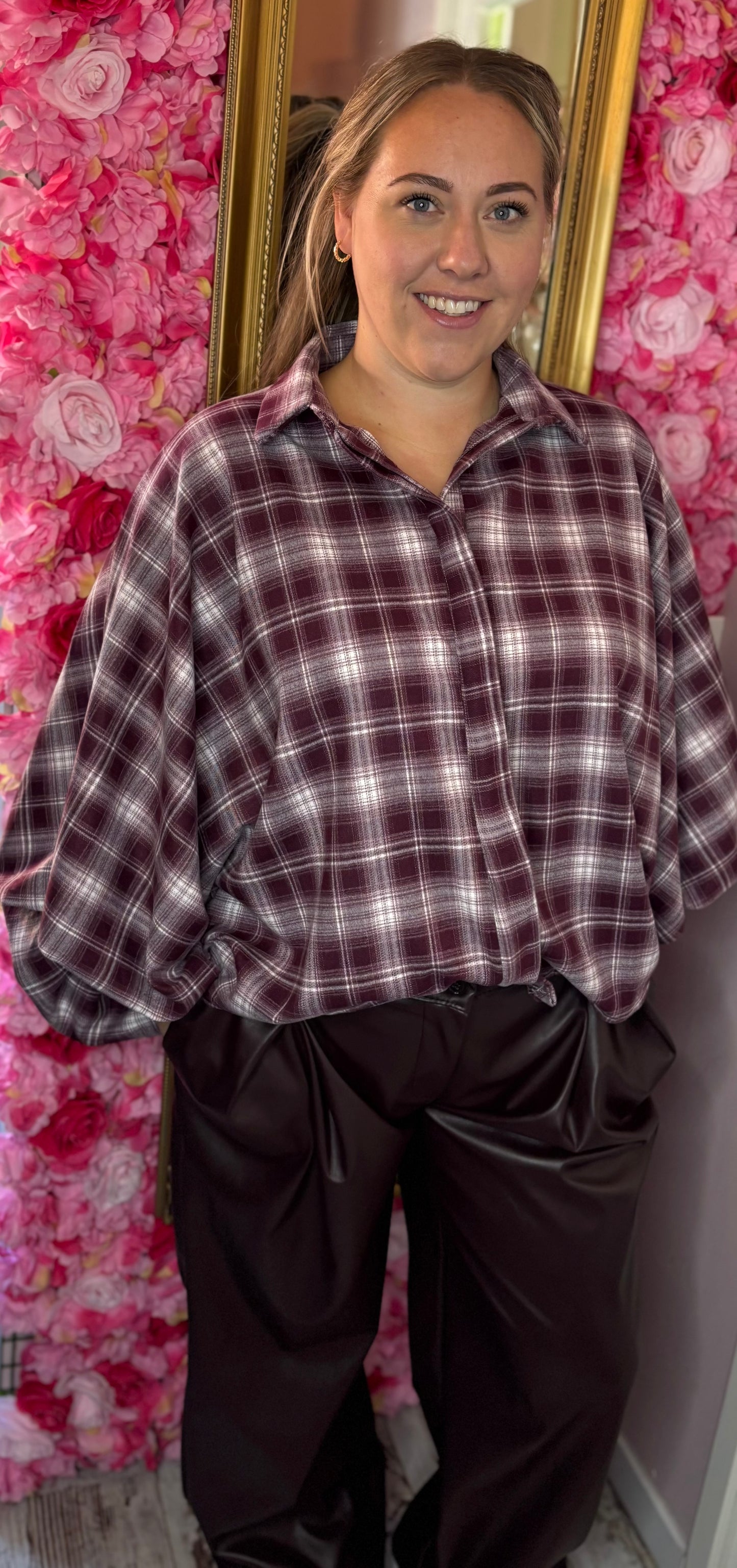 Blouse Check Butterfly Bordeaux  Plus Size Maat 44 t/m 48-50