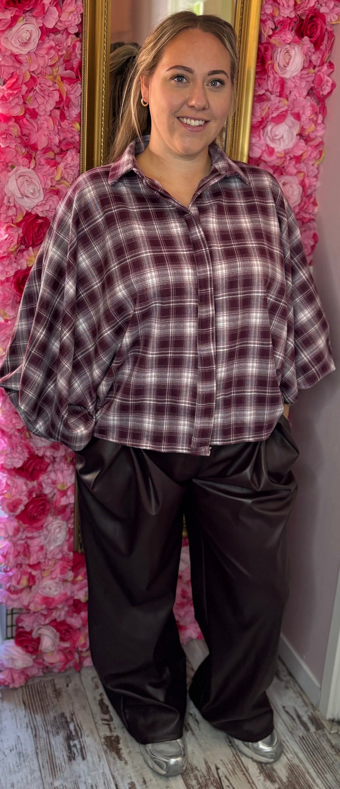 Blouse Check Butterfly Bordeaux  Plus Size Maat 44 t/m 48-50