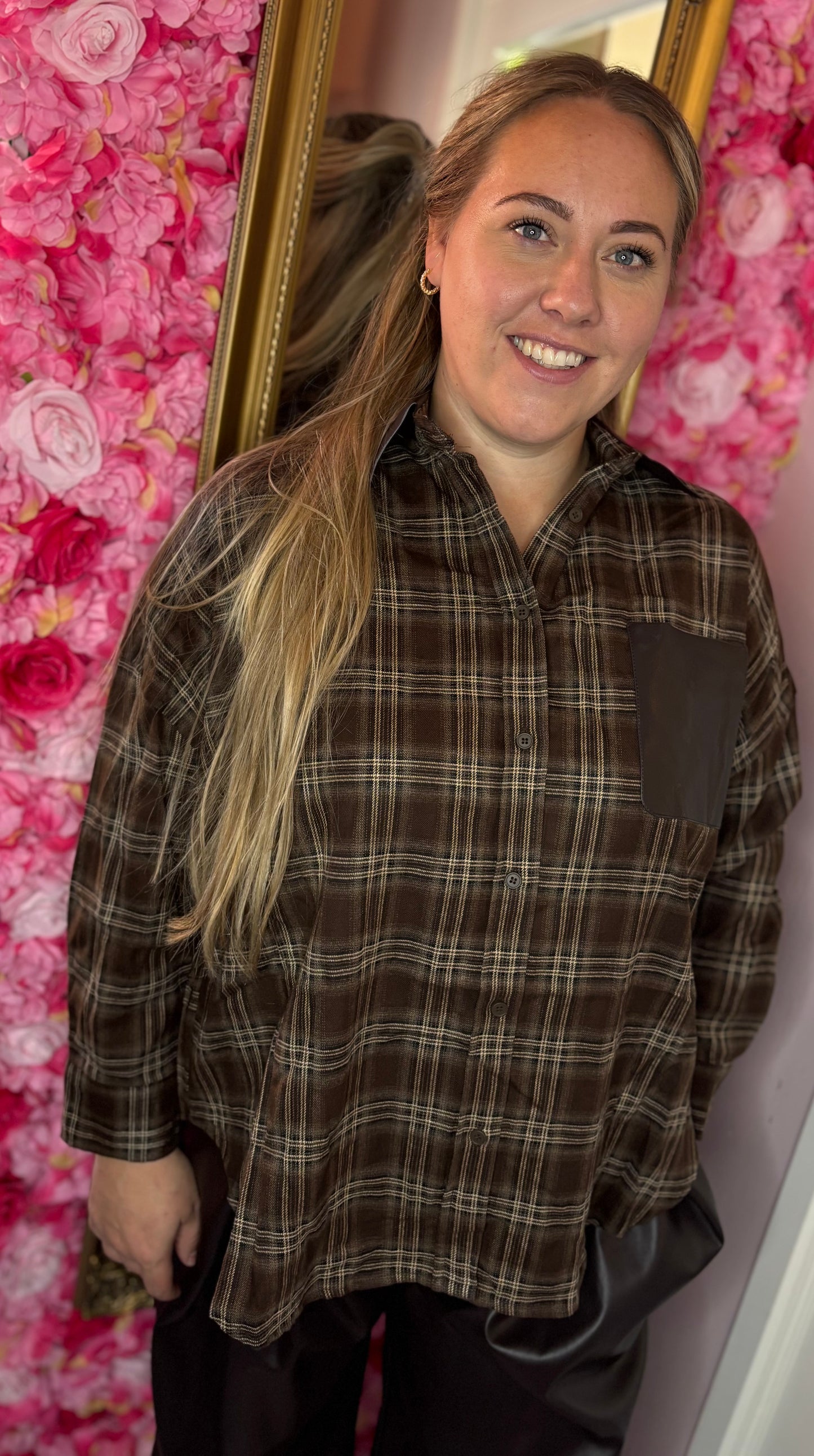 Blouse Check Hardy Leather Detail Plus Size Maat 44 t/m 48