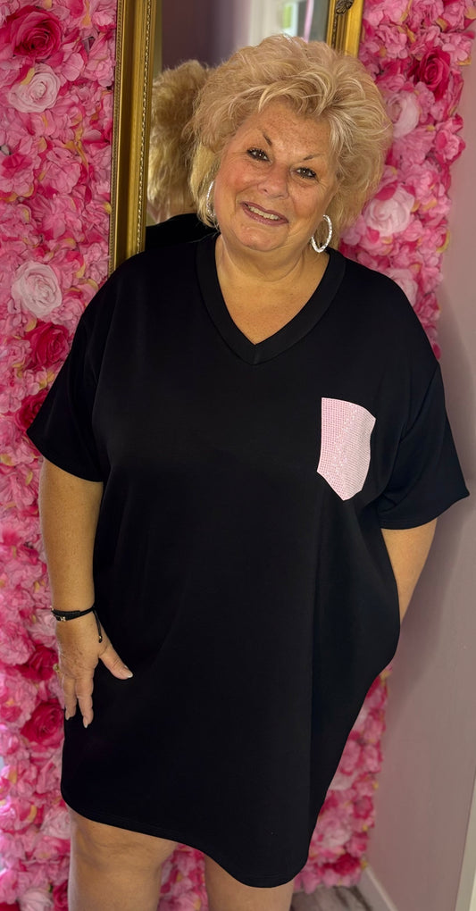 Lang T-shirt/T-shirt Jurk Strass Bling Zwart Maat 48 t/m 54