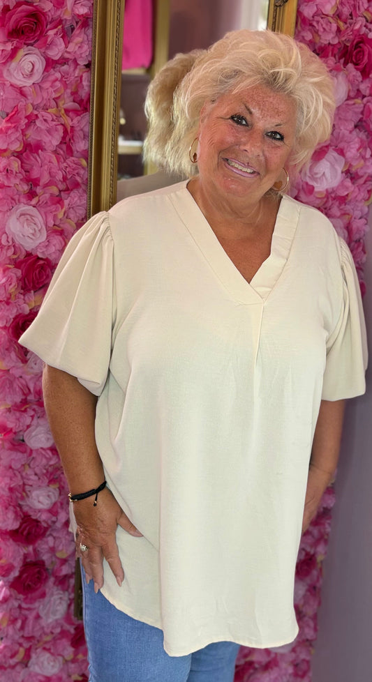 Blouse Pof Mouw Beige Plus Size maat 48 t/m 54