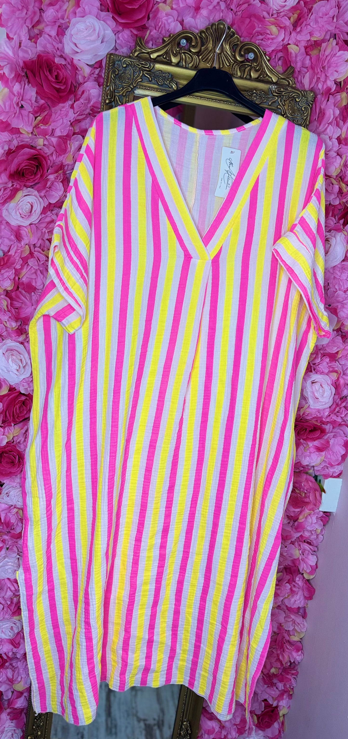*LUCKY LOOK* Lange Jurk Happy Katoen Geel Plus Size Maat 48 t/m 54