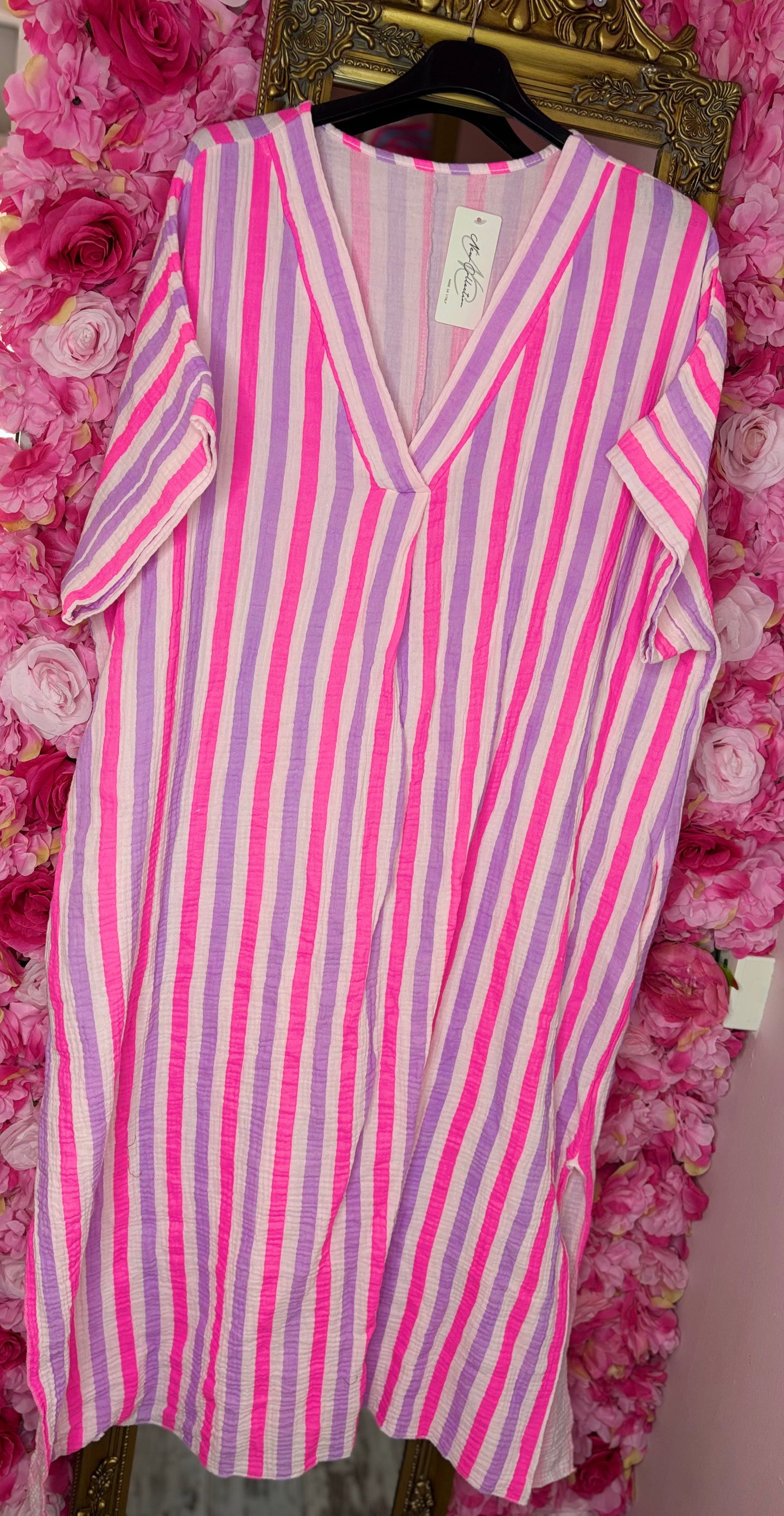 *LUCKY LOOK* Lange Jurk Happy Katoen Paars Plus Size Maat 48 t/m 54