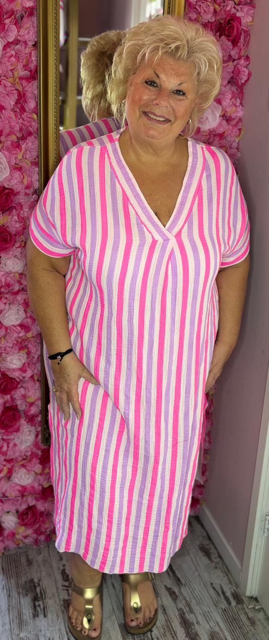 *LUCKY LOOK*Jurk Happy WafelKatoen Paars Plus Size Maat 48 t/m 54