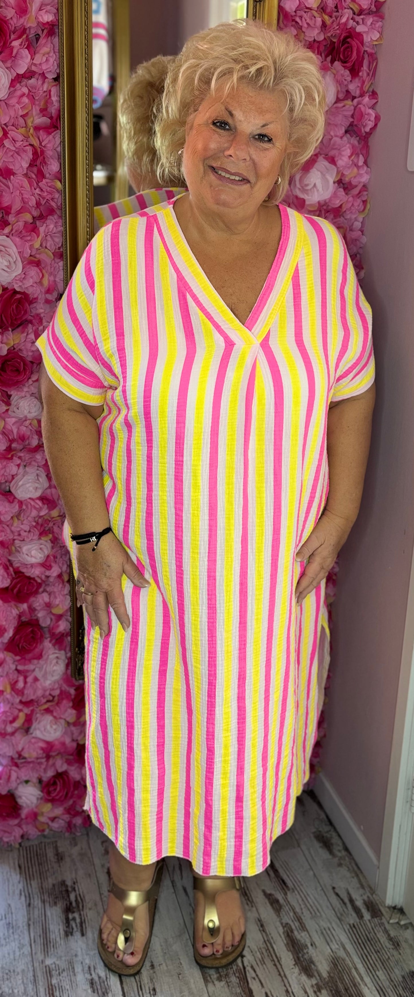 *LUCKY LOOK* Lange Jurk Happy Katoen Geel Plus Size Maat 48 t/m 54