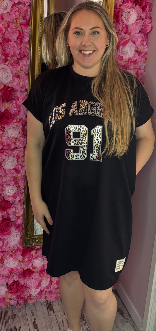 Lang T-shirt/T-shirt Jurk Los Angels Zwart tot Maat 48-50