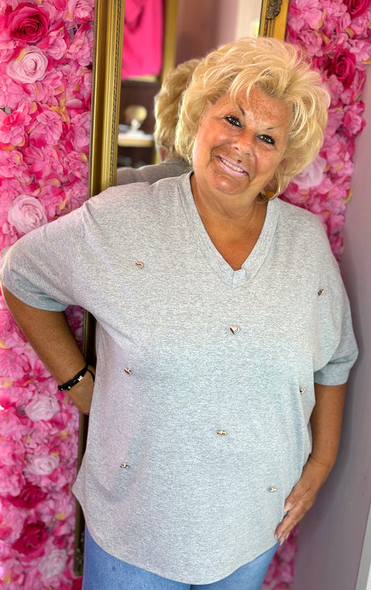 *LUCKY LOOK* T-shirt Heart Grijs Plus Size Maat 46 t/m 52