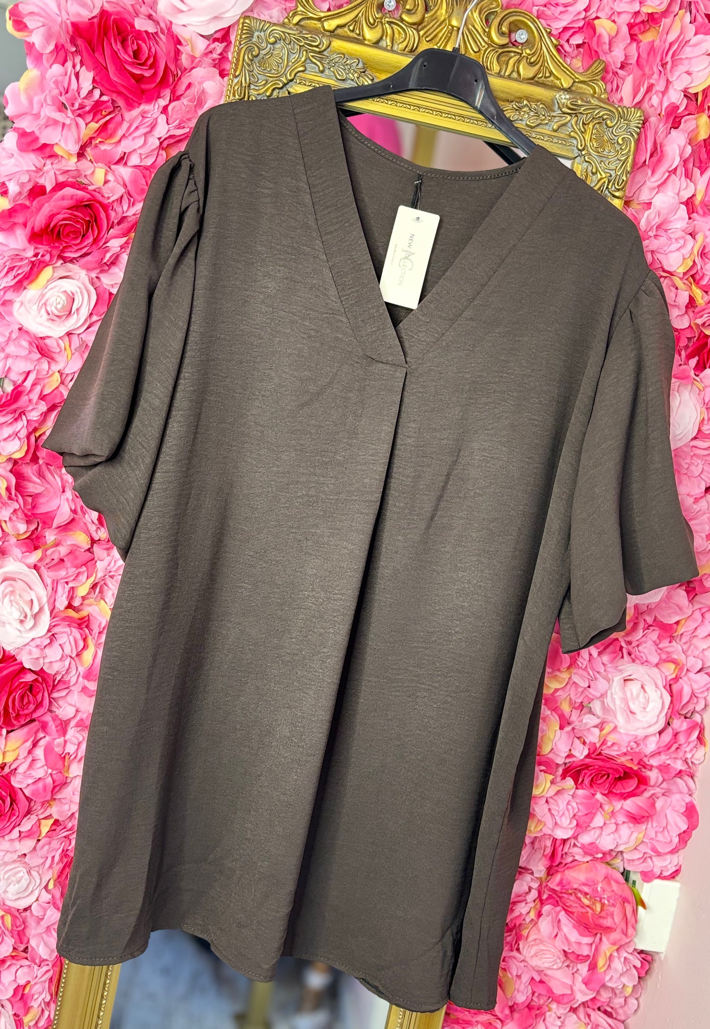 Blouse Pof Mouw Bruin Plus Size maat 48 t/m 54