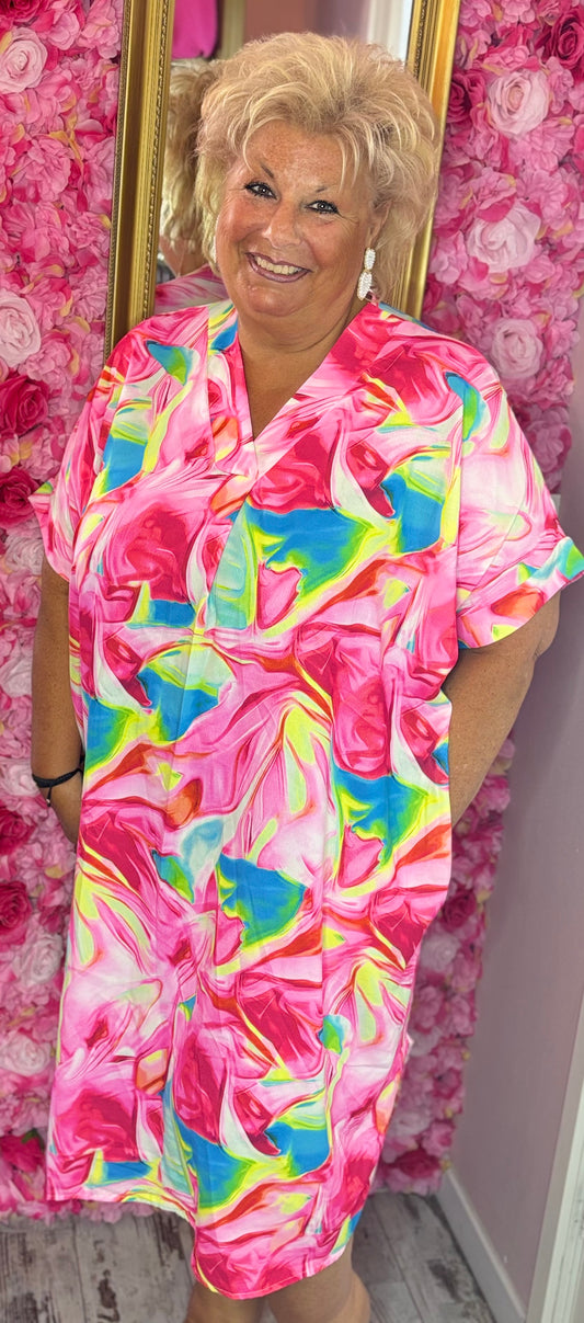 Lange Jurk Happy Color Roze Plus Size Maat 48 t/m 54-56
