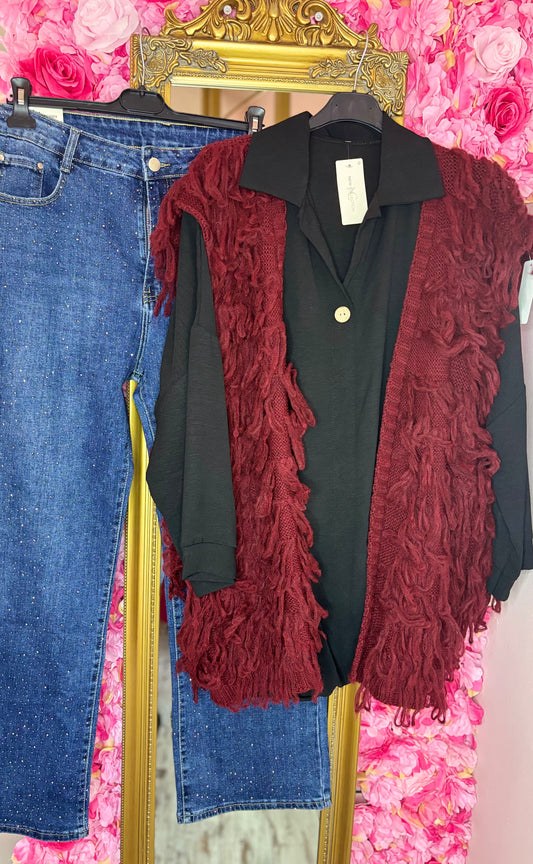 Mouwloos Vest Fluff Bordeaux Plus size Maat 44 t/m 52-54