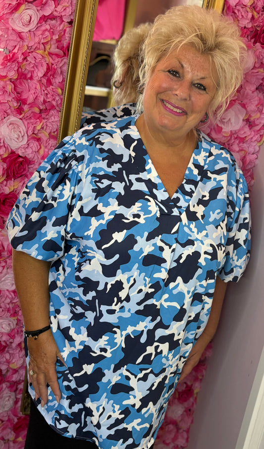 Blouse Pof Mouw Armi Blauw Plus Size maat 48 t/m 54