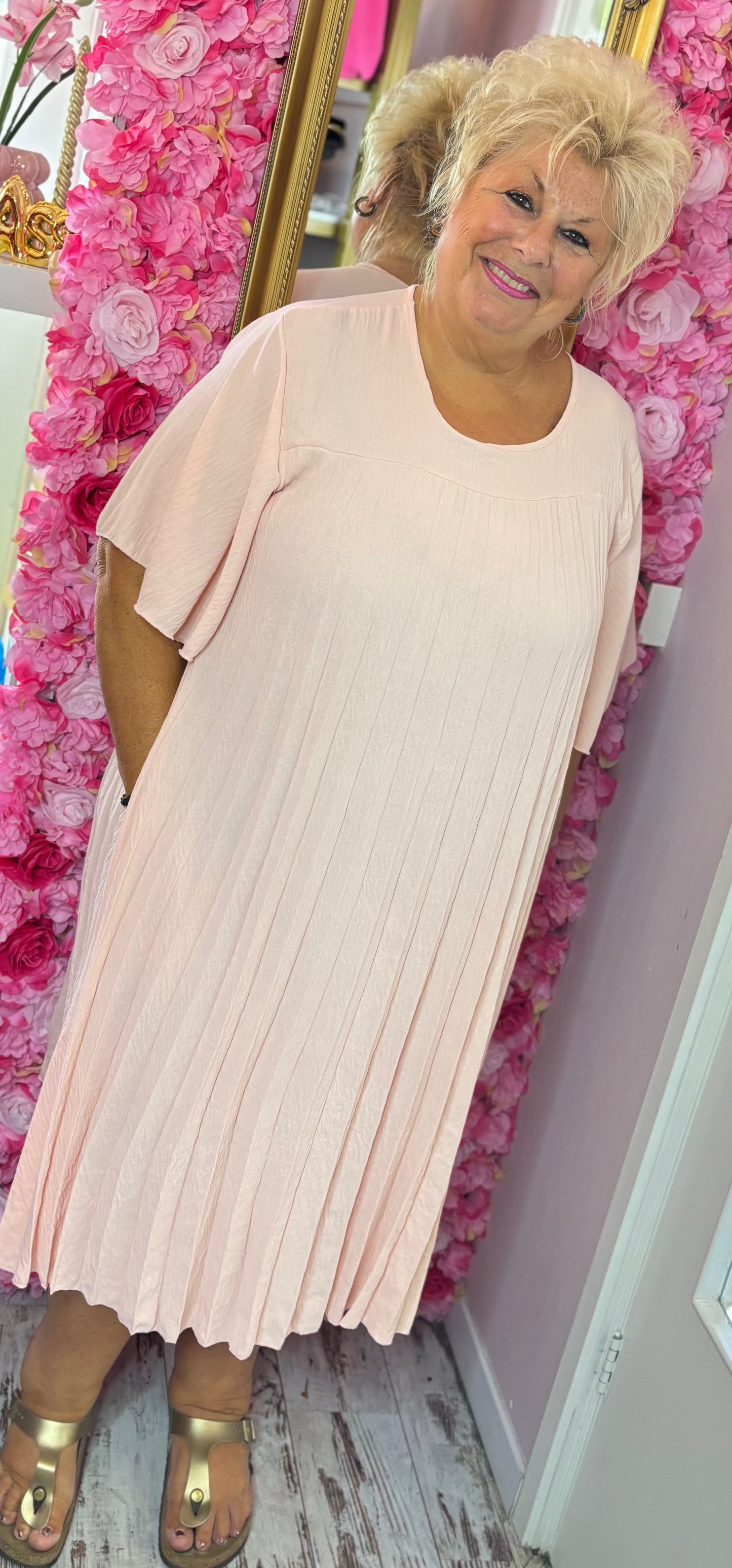 *LUCKY LOOK* Lange Jurk Chantie Zalm/Roze Plus Size Maat 48 t/m 52-54