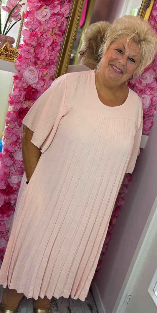 *LUCKY LOOK* Lange Jurk Chantie Zalm/Roze Plus Size Maat 48 t/m 52-54