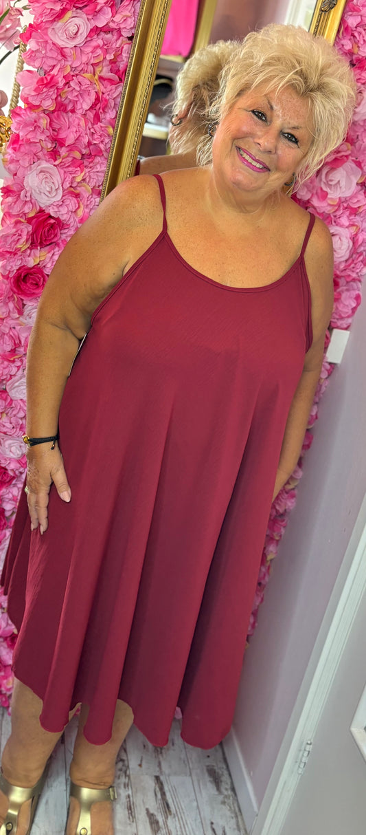 *LUCKY LOOK* Jurk A-lijn Midi Bordeaux Plus Size Maat 48 t/m 54