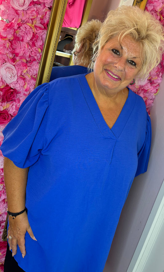 Blouse Pof Mouw Konings Blauw Plus Size maat 48 t/m 54