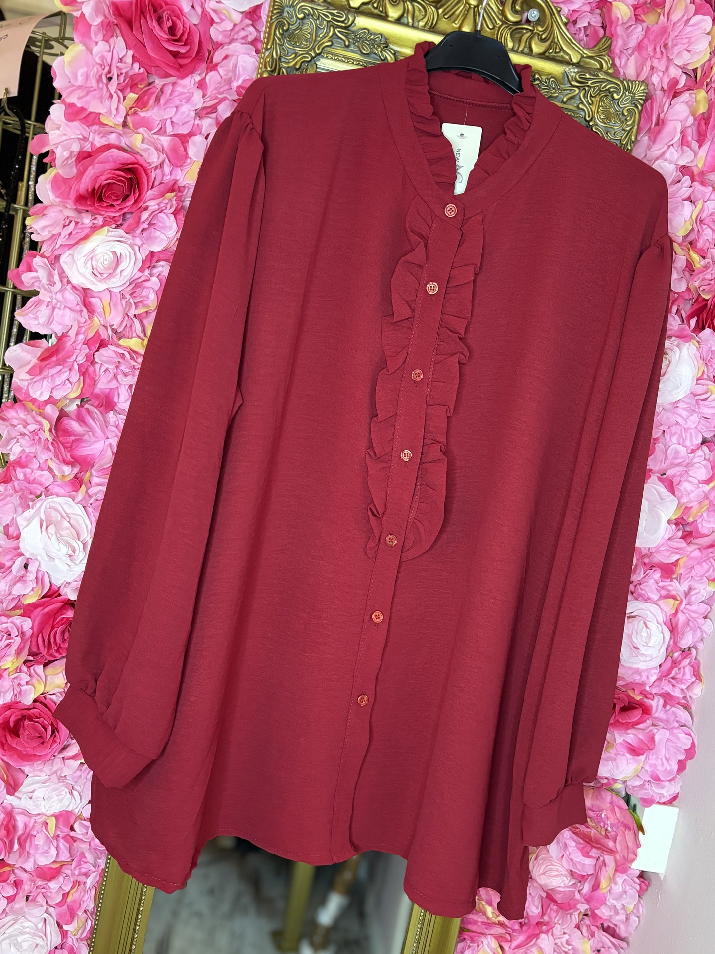 Blouse Ruffie Bordeaux Plus Size Maat 46 t/m 54