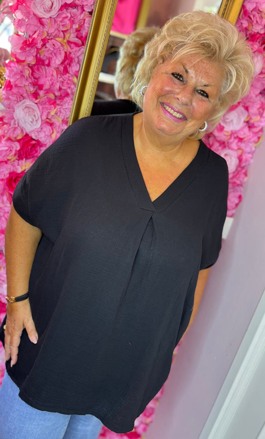 Blouse Wafel Katoen Zwart Plus Size maat 48 t/m 54