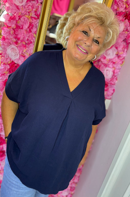 Blouse Wafel Katoen Donker Blauw Plus Size maat 48 t/m 54