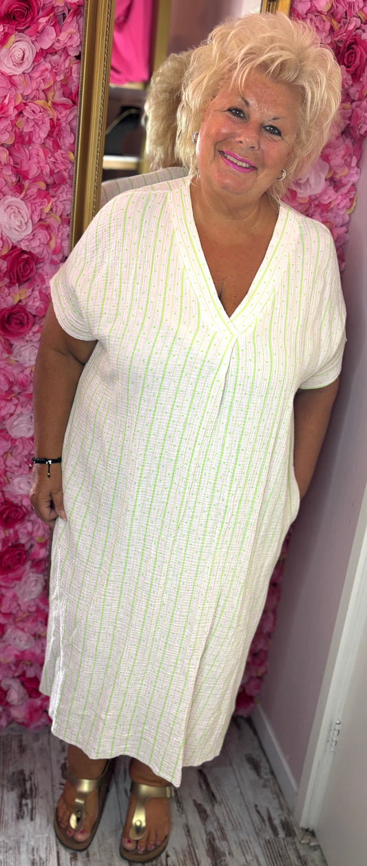 Jurk Stip WafelKatoen Groen Plus Size Maat 48 t/m 54