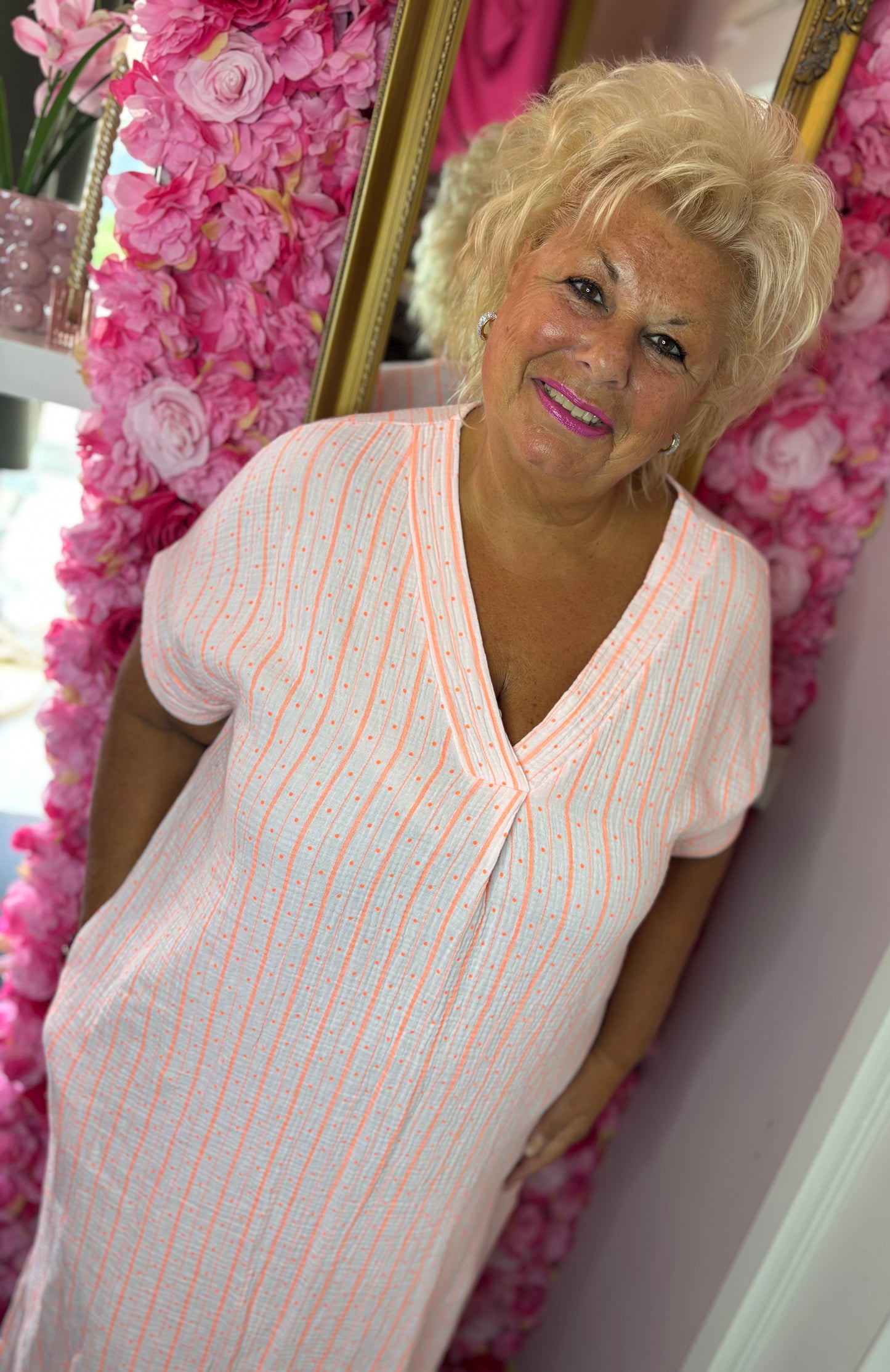 *LUCKY LOOK* Lange jurk Stip Katoen Oranje Plus Size Maat 48 t/m 54