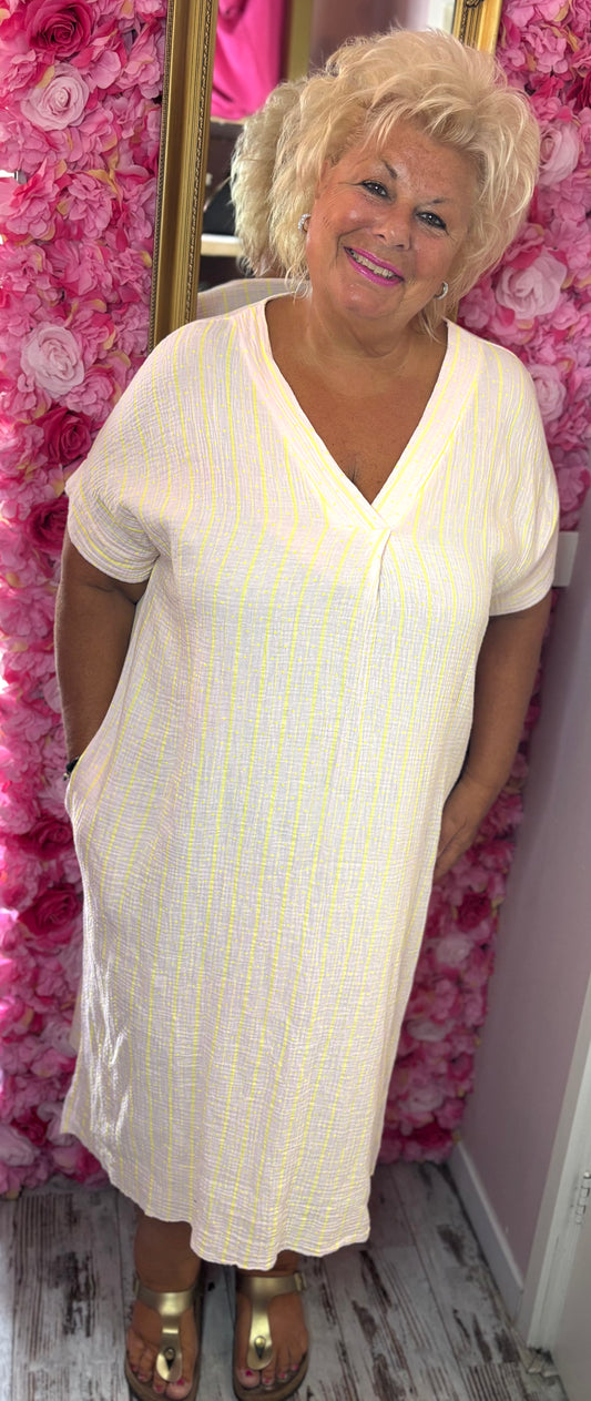 Jurk Stip WafelKatoen Geel Plus Size Maat 48 t/m 54